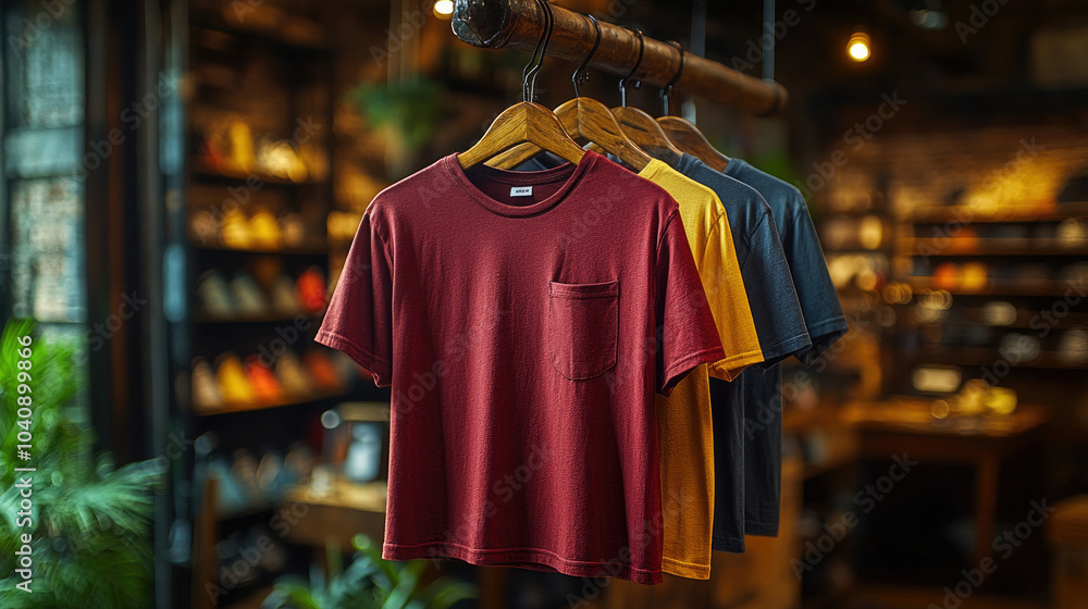 Yellow and red short sleeves hanging on the hanger Yellow and red short sleeves hanging on the hanger