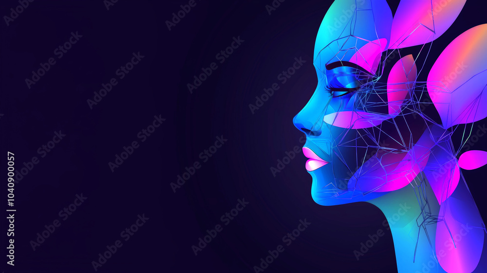 vibrant digital illustration of womans profile, featuring blend of blue and pink hues with abstract floral elements. artwork conveys sense of beauty and creativity vibrant digital illustration of womans profile, featuring blend of blue and pink hues with abstract floral elements. artwork conveys sense of beauty and creativity