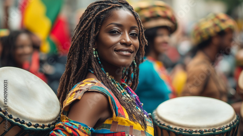 Black Awareness Day, street celebration with traditional dancing, big drums played with great enthusiasm, Ai generated images