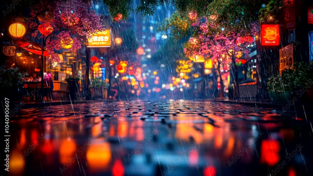 A vibrant, rainy street scene illuminated by colorful lights and blooming trees. Seamless looping 4k video animation background A vibrant, rainy street scene illuminated by colorful lights and blooming trees. Seamless looping 4k video animation background