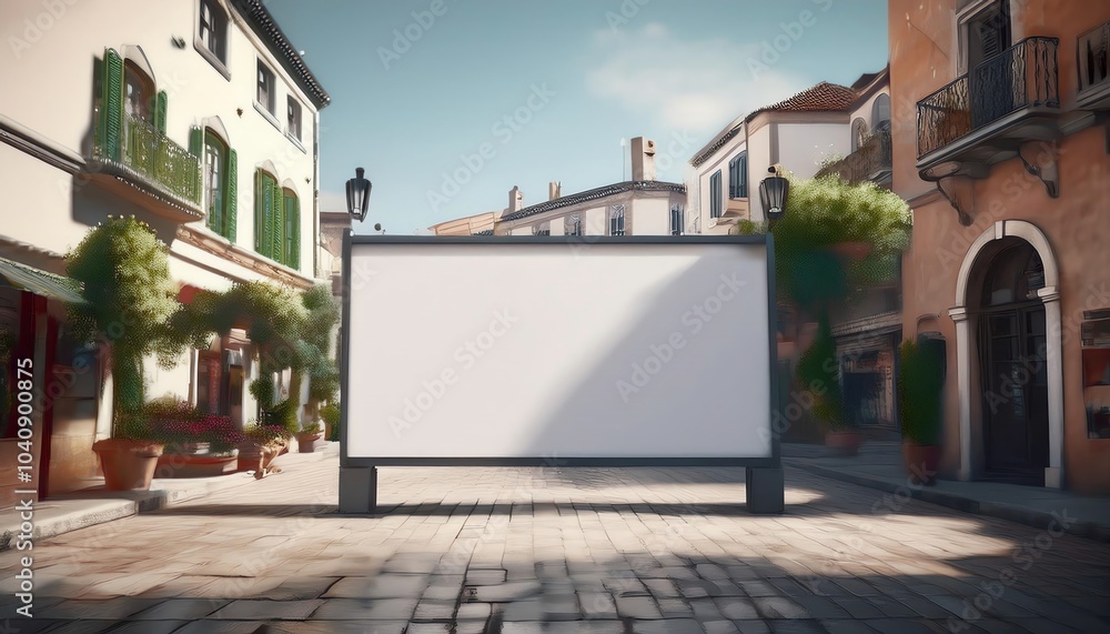 A serene street scene featuring an empty billboard in a quaint town, surrounded by charming architecture and greenery, creating a peaceful atmosphere. A serene street scene featuring an empty billboard in a quaint town, surrounded by charming architecture and greenery, creating a peaceful atmosphere.