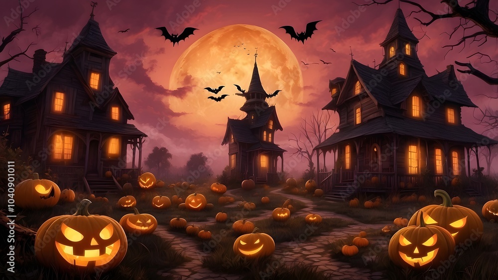 Halloween horror castle, orange and pink sky, graveyard old church, flying bats dead trees Halloween scary tombstone house poster, holiday event Halloween background concept Halloween horror castle, orange and pink sky, graveyard old church, flying bats dead trees Halloween scary tombstone house poster, holiday event Halloween background concept