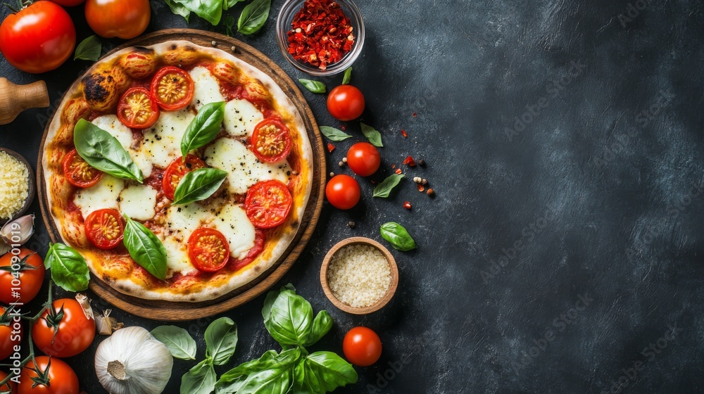 Fresh Margherita Pizza with Ingredients and Herbs Fresh Margherita Pizza with Ingredients and Herbs