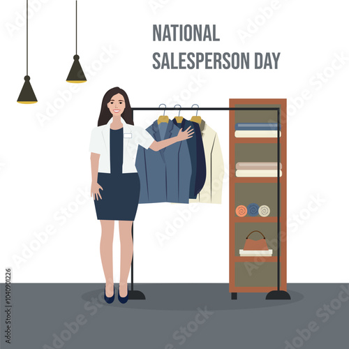 National Salesperson Day. Flat illustration of an elegant woman standing near a wardrobe.