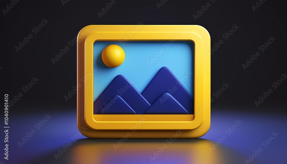 A colorful, 3D icon of a landscape featuring a yellow frame, a sun, and stylized mountains against a blue background, set in a dark environment. A colorful, 3D icon of a landscape featuring a yellow frame, a sun, and stylized mountains against a blue background, set in a dark environment.