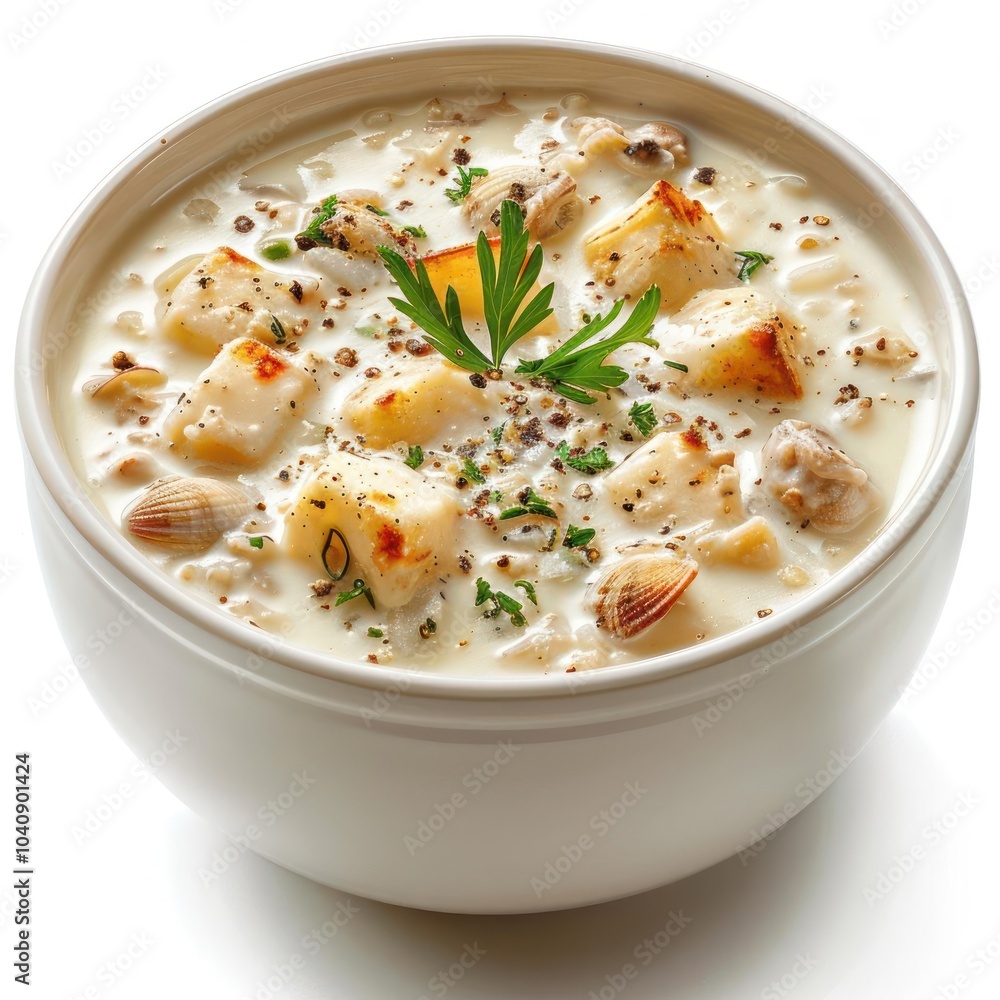 A white bowl filled with a creamy chowder soup garnished with nuts, herbs, and cilantro. A white bowl filled with a creamy chowder soup garnished with nuts, herbs, and cilantro.