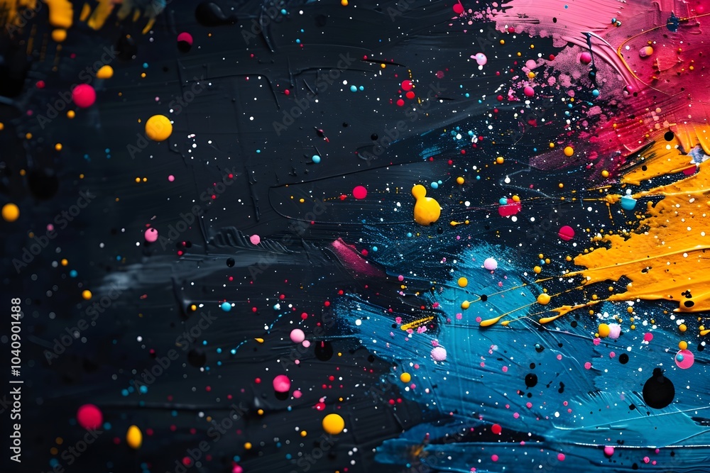 A close up of colorful paint splatters on a black surface A close up of colorful paint splatters on a black surface