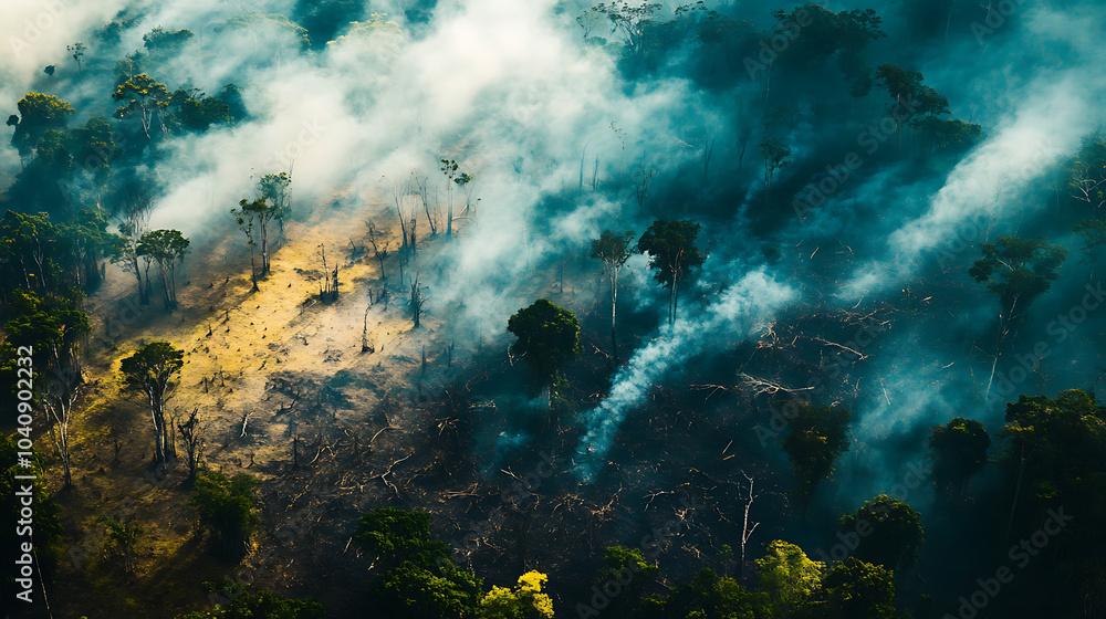 Fototapeta premium COP 29 sessions highlighting deforestation issues, with satellite images of disappearing forests.