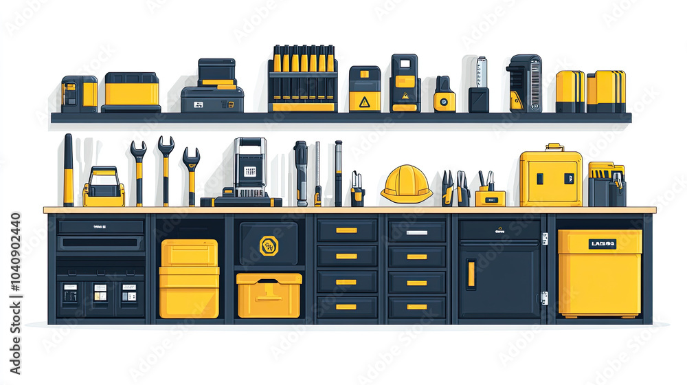 Various tools and safety helmets are placed in the cabinet Various tools and safety helmets are placed in the cabinet