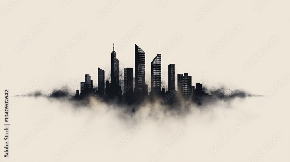 Fototapeta premium Urban Skyline Silhouette in Fog at Dusk