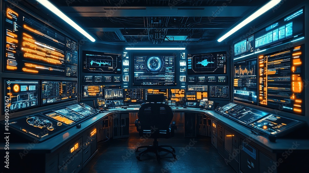 Futuristic control room with high-tech displays and glowing interfaces showcasing data analysis at night Futuristic control room with high-tech displays and glowing interfaces showcasing data analysis at night