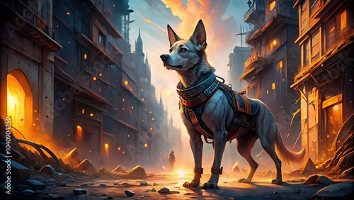 Canine adventurer Shiba's tail wags amidst crumbling skyscrapers and overgrown streets. photo