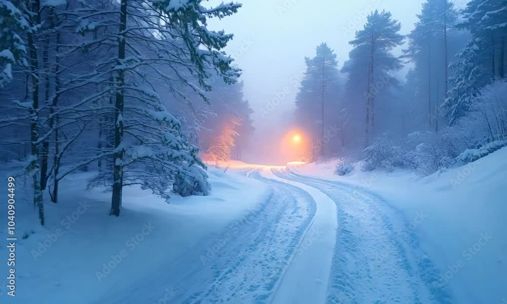 A serene winter scene with a winding road illuminated by a soft glow in a snowy forest. A serene winter scene with a winding road illuminated by a soft glow in a snowy forest.