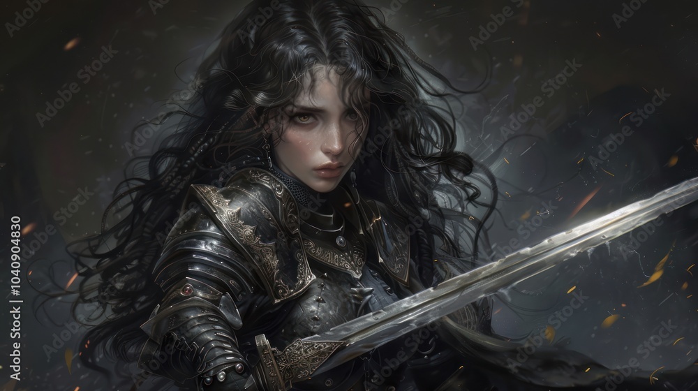 Illustration of a medieval Female warrior with a sword, AI generated image Illustration of a medieval Female warrior with a sword, AI generated image