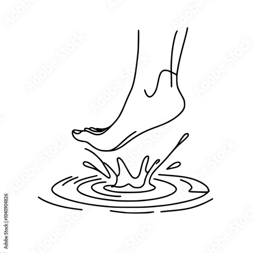 minimalistic contour vector one line drawing of a bare foot in a puddle creating a splash effect