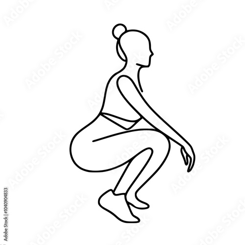 Linear vector contour drawing of a man squatting on his toes in sportswear and shoes, a woman, made in a minimalist style