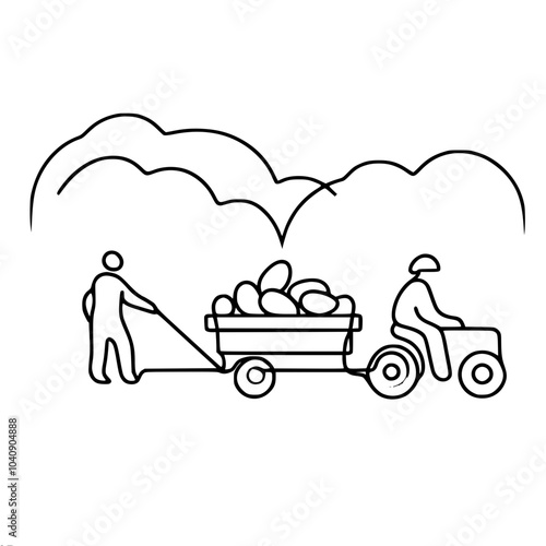 Linear contour vector drawing of a tractor driver pulling a cart with a harvest, accompanied by a man against the background of trees.