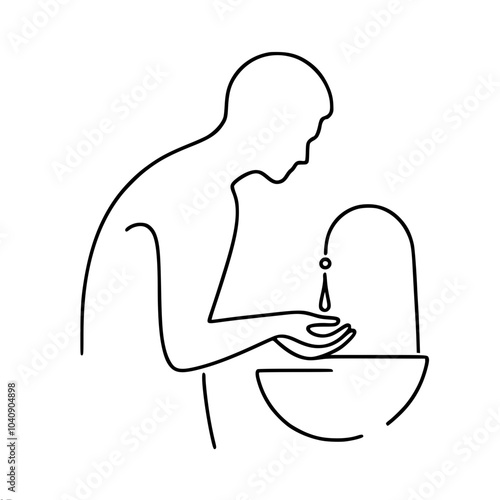 Linear vector contour sketchy drawing of a man washing his hands under the tap, made in a minimalist style, side view