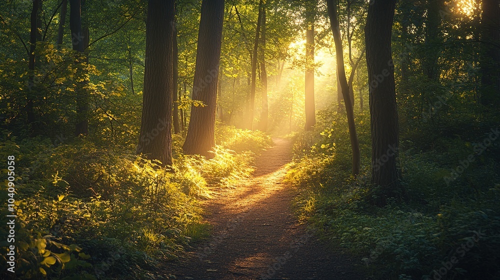 Obraz premium Sunlight filtering through trees along a serene forest path surrounded by vibrant green foliage in the early morning