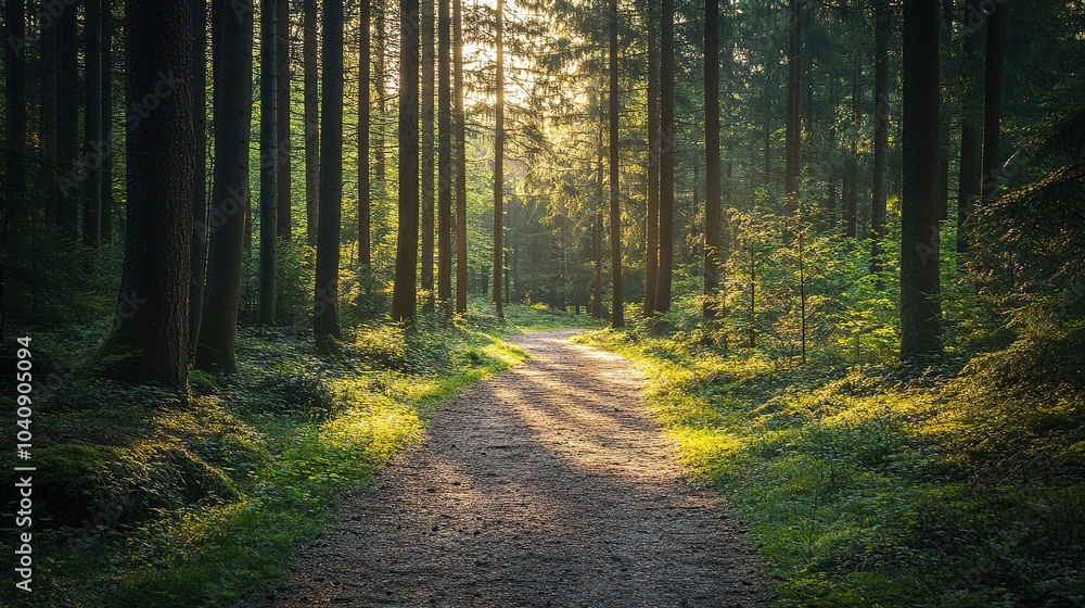 Fototapeta premium Sunlight filtering through trees along a serene forest path surrounded by vibrant green foliage in the early morning