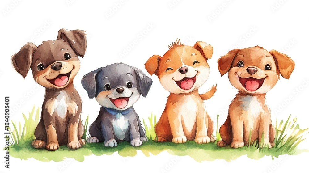 Four Happy Puppies in Watercolor Illustration Four Happy Puppies in Watercolor Illustration