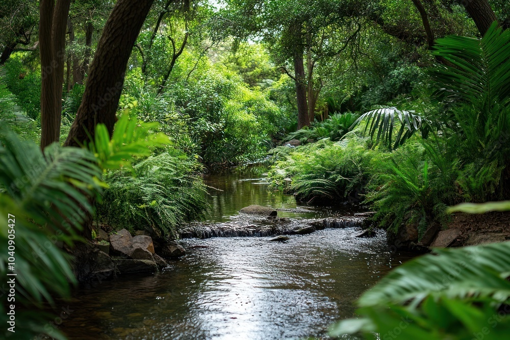 Tranquil Creek Flowing Through Lush Greenery in a Tropical Rainforest. Tranquil Creek Flowing Through Lush Greenery in a Tropical Rainforest.