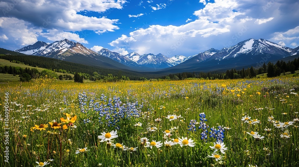 Fototapeta premium Vibrant wildflowers blanket a serene meadow beneath a stunning mountain landscape during a clear day in the Rockies
