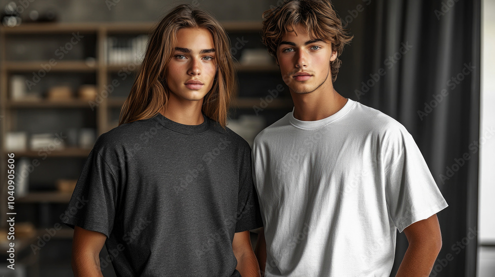 Two young men wearing black and white short sleeves Two young men wearing black and white short sleeves