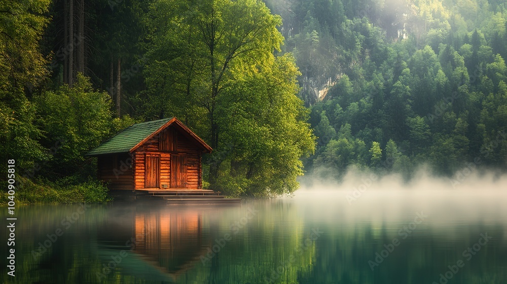 Tranquil wooden cabin by a misty lake surrounded by lush green trees at dawn in a serene forest setting Tranquil wooden cabin by a misty lake surrounded by lush green trees at dawn in a serene forest setting