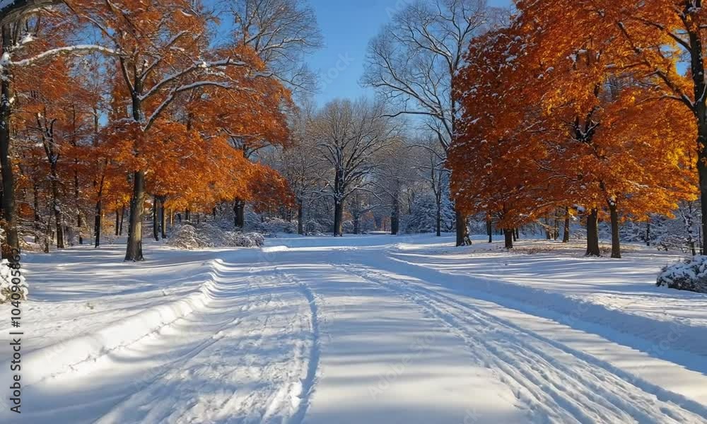 A serene winter scene with snow-covered paths and vibrant autumn trees. A serene winter scene with snow-covered paths and vibrant autumn trees.
