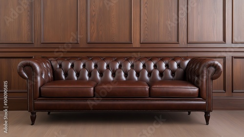 Antiquestyle living room with a leather Chesterfield sofa, dark wood paneling, and vintage artwork, vintage antique living room, classic oldworld charm photo