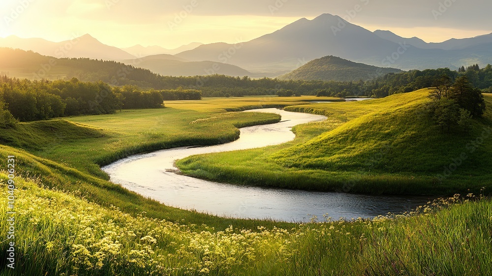 A winding river flows through vibrant green valleys under a serene twilight sky A winding river flows through vibrant green valleys under a serene twilight sky