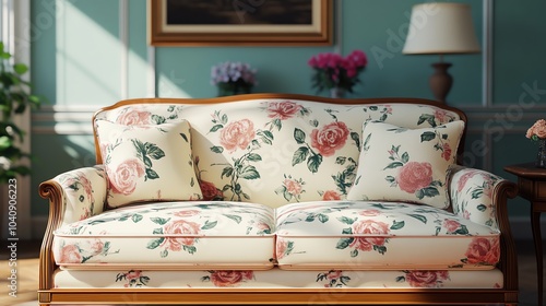 Frenchinspired living room with a floralprint sofa, antique wooden furniture, and soft lighting, vintage French living room, elegant and cozy photo