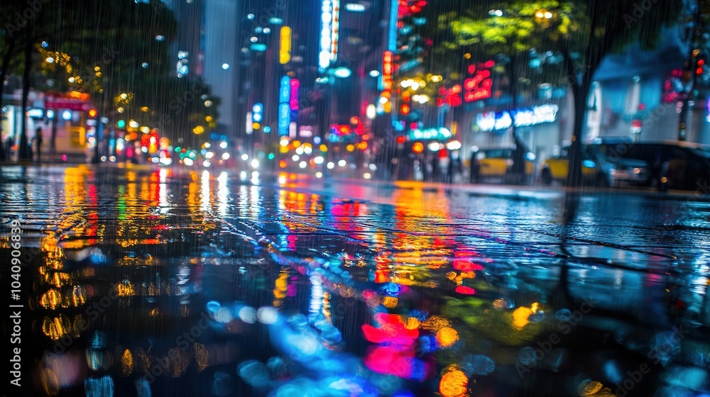 Vibrant city street illuminated by neon signs during a rainy night in an urban setting Vibrant city street illuminated by neon signs during a rainy night in an urban setting