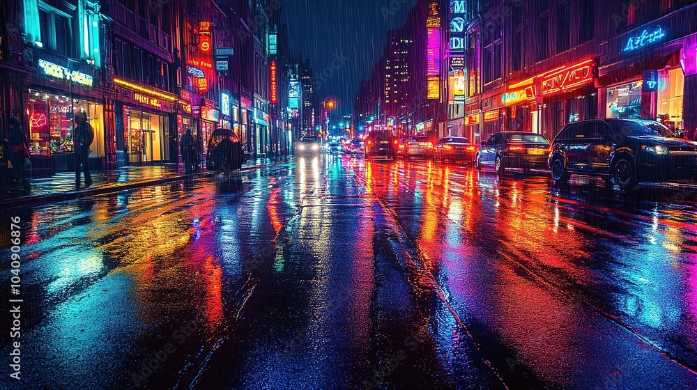 Vibrant city street illuminated by neon signs during a rainy night in an urban setting Vibrant city street illuminated by neon signs during a rainy night in an urban setting