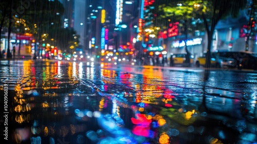 Vibrant city street illuminated by neon signs during a rainy night in an urban setting