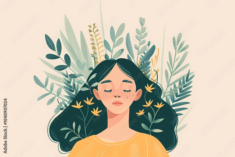 A serene young woman with long black hair surrounded by delicate flowers and greenery, embodying tranquility and nature's beauty. A serene young woman with long black hair surrounded by delicate flowers and greenery, embodying tranquility and nature's beauty.