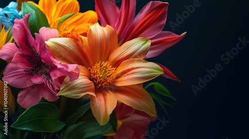 Vibrant bouquet of colorful flowers with orange lilies and pink blooms against a dark background in a still-life arrangement