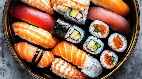 Delicious assortment of sushi rolls and sashimi served in a black bowl ready for enjoyment at a Japanese restaurant setting