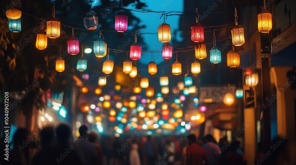 Colorful lanterns illuminate a vibrant street festival at dusk, creating a magical atmosphere for visitors and locals alike Colorful lanterns illuminate a vibrant street festival at dusk, creating a magical atmosphere for visitors and locals alike
