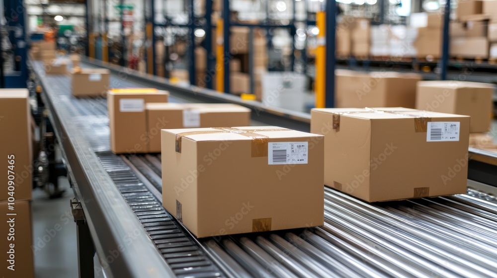 Packages on Conveyor Belt in Modern Warehouse Setup Packages on Conveyor Belt in Modern Warehouse Setup