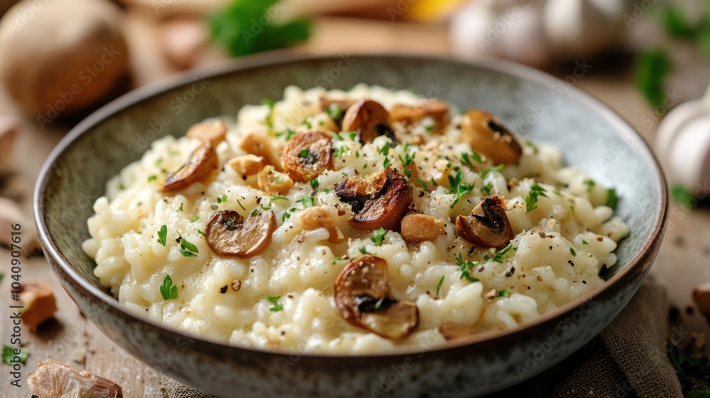 A bowl of creamy gourmet rice pudding topped with chopped almonds and parmesan cheese. A bowl of creamy gourmet rice pudding topped with chopped almonds and parmesan cheese.