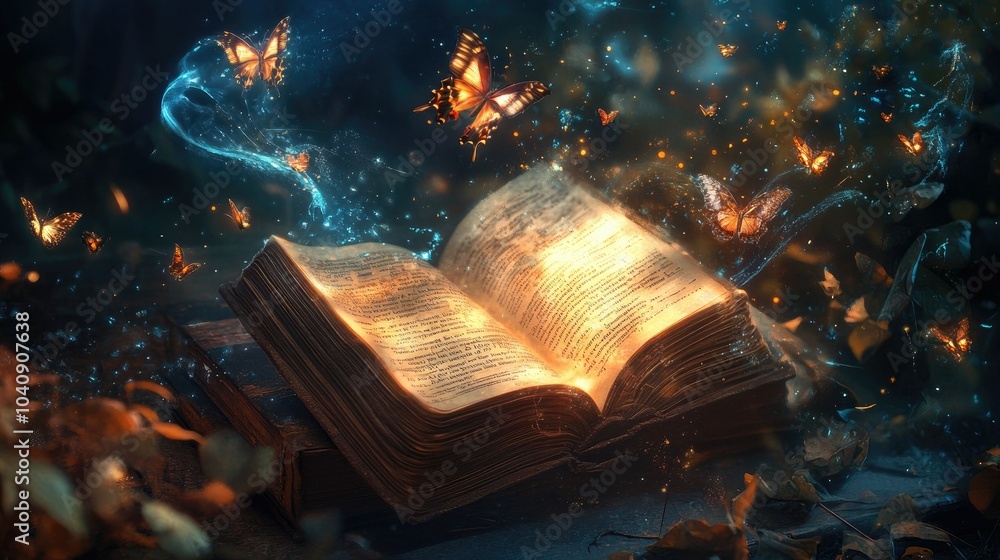 Naklejka premium An enchanting still life with an ancient book radiating magical light, ethereal butterflies dancing around, and glowing symbols swirling in the air, evoking arcane knowledge