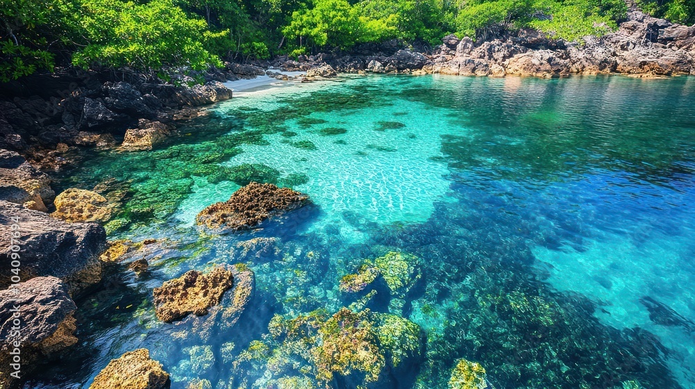 Turquoise water in a tropical cove with rocky cliffs and lush green trees. Turquoise water in a tropical cove with rocky cliffs and lush green trees.