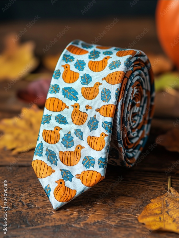A colorful tie featuring playful patterns of pumpkins and leaves, set against a rustic wooden backdrop with autumn elements. A colorful tie featuring playful patterns of pumpkins and leaves, set against a rustic wooden backdrop with autumn elements.