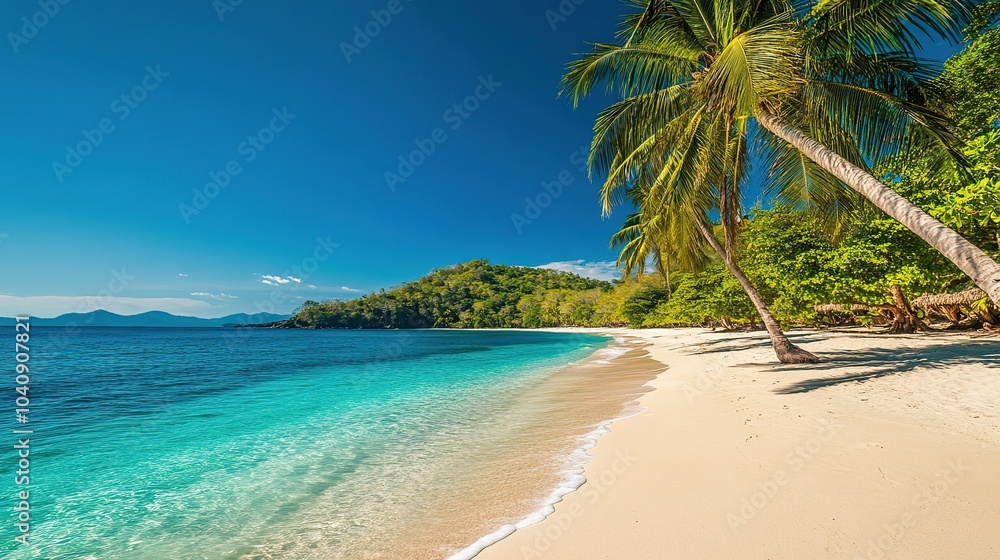 A tranquil beach with palm trees under a blue sky on a sunny day near a small island A tranquil beach with palm trees under a blue sky on a sunny day near a small island