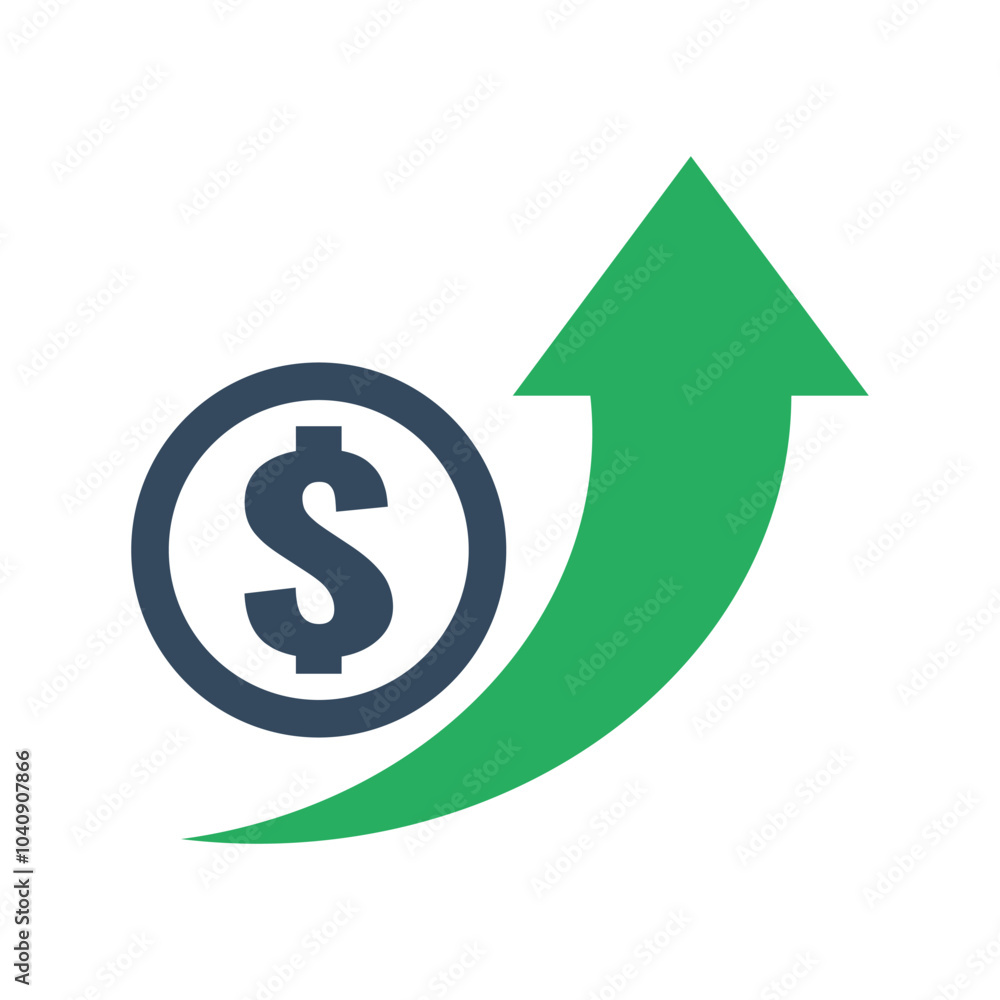 dollar coin with green exponential up arrow, economic growth indicator, stock exchange market positive trend, rising income pictogram dollar coin with green exponential up arrow, economic growth indicator, stock exchange market positive trend, rising income pictogram