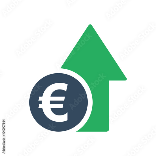 euro coin with green up arrow, european economic growth indicator, stock exchange market positive trend, rising income pictogram