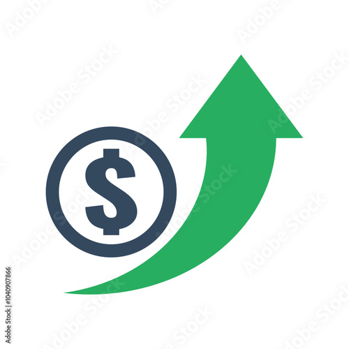 dollar coin with green exponential up arrow, economic growth indicator, stock exchange market positive trend, rising income pictogram