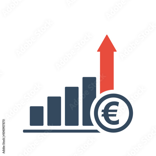 rising trend bar chart with euro sign and red up arrow, european union currency growth indicator, positive economic dynamic forecast infographic, tax increasing vector icon